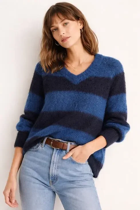 Madewell Brushed V-Neck Sweater | Heather Lapis Blue Stripe | XS