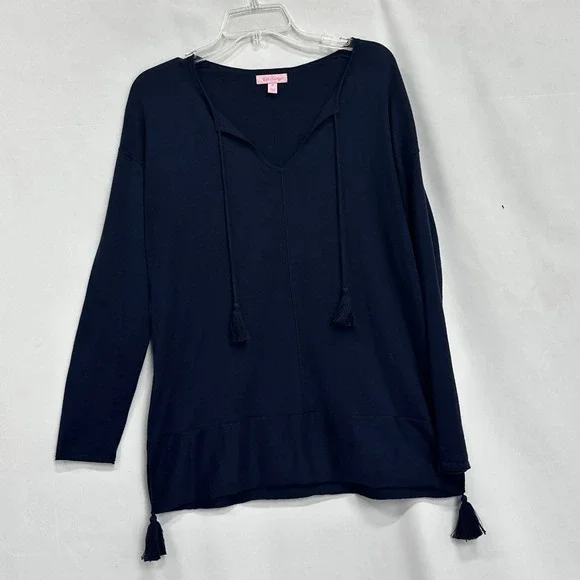 Lilly Pulitzer Women's M Sweater Navy Blue Coastal Tassel V-Neck Lightweight