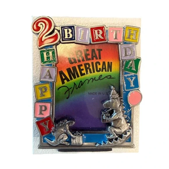 VTG Happy 2nd Birthday Pewter Picture Frame-‎ Great American Products Dinos 1988