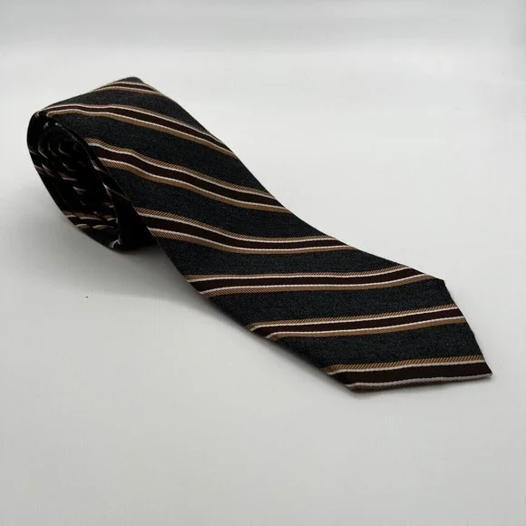Peter Millar Ties Mens OS Gray Brown Excellent Hand Folded Striped Silk