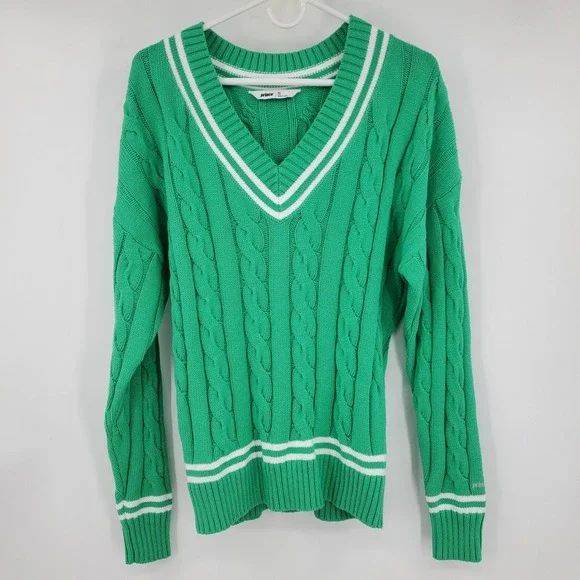 Prince‎ Green Cable Knit V-Neck Varsity Stripe Sweater Small Tennis Pickleball