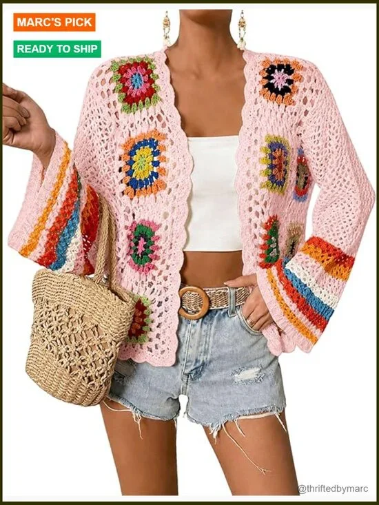 Floral Crochet Cardigan Sweater Bohemian Open Front Long Sleeve Knit Top Y2K