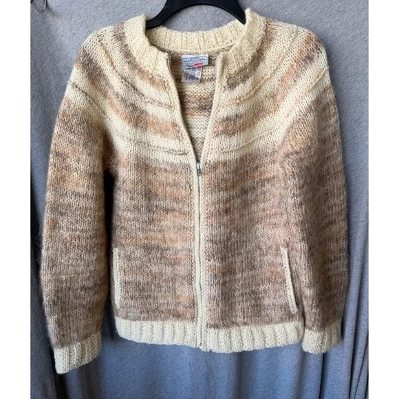 Avoca Handweavers 100% Wool Cardigan Brown Cream Grandmacore Hand Knit M/L