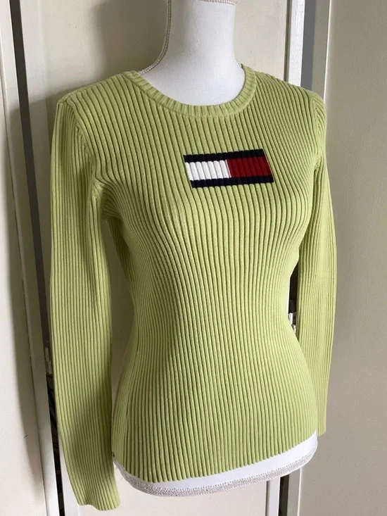 TOMMY HILFIGER ribbed sweater Sz S green cotton Y2K long sleeve