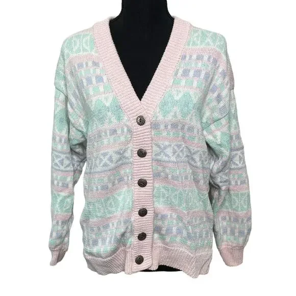 VTG Middlebrook Park V-Neck Button Up Knit Cardigan Sweater 90s Granny Pastel M‎