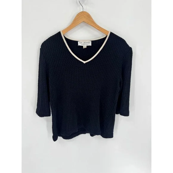 St. John Collection Knit Top Women‎ 10 Black V-Neck 3/4 Sleeve Textured Trim