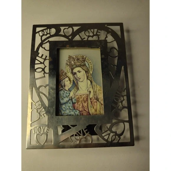 Vintage Framed Our Lady Of Perpetual Hope Plaque Gold Desktop or Hang Catholic