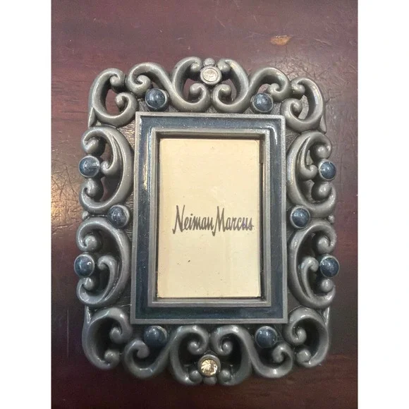 Jay Strongwater Neiman Marcus‎ Mini Picture Frame Scroll Pewter Blue Cabochon