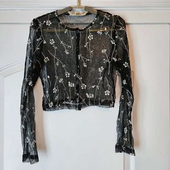 Sheer Black Floral Mesh Cropped Cardigan Top Womens Fairy Grunge Goth‎ Festival