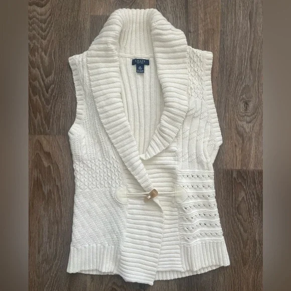 Y2K Chaps Cream Shawl Collar Sweater Vest M Cotton Toggle Cardigan Knit Coastal