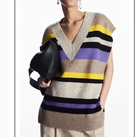 COS Multicolor Pure Wool Striped Vest with V Neck and Ribbed Trim. Small $100