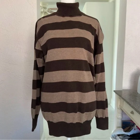 Pria Turtleneck Sweater Size M Brown Tan Striped Long Sleeve Cotton