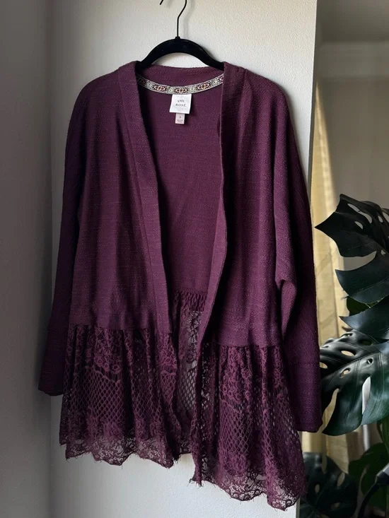 Knox Rose Plum Open-Front Knit Cardigan with Lace