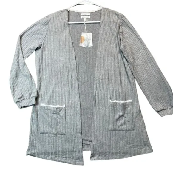 Blu Pepper NWT Open-Front Gray Ribbed Cardigan with Lace-Trim Pockets Size L