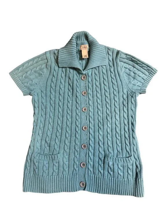 L.L.Bean Blue Cable Knit Cardigan Sweater Short Sleeve Women’s L