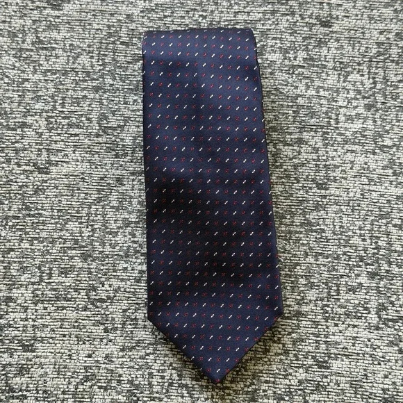 Vintage Tiffany & Co Silk Jacquard Tie Italy Navy Red White Geometric Foulard
