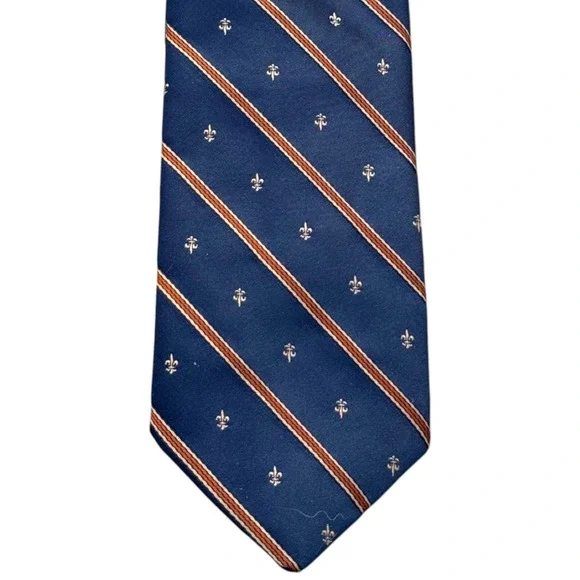 Hecht's Mens Store Vintage Navy Blue‎ Fleur-de-lis Striped Polyester Necktie 55
