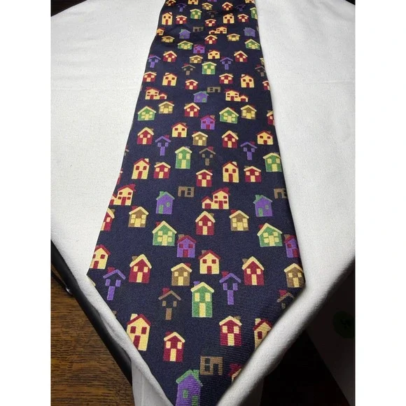 Habitat for Humanity Silk Necktie Navy Blue Houses Novelty Print Men's Accessory
