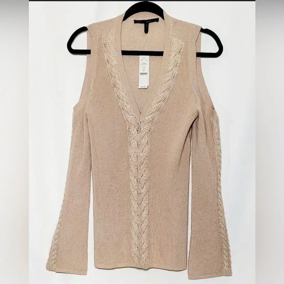 White House Black Market Tan V-Neck Sweater  cashmere with Cable Knit NWT