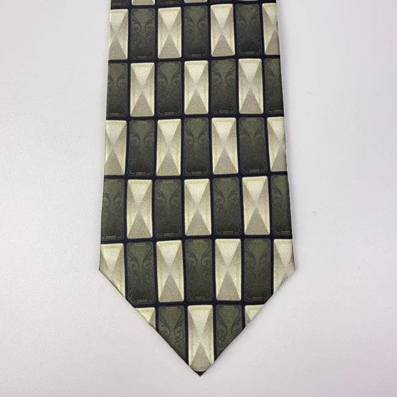 Bergamo New York Mens Handmade Pure‎ Silk Necktie Olive Green Gold Geometric