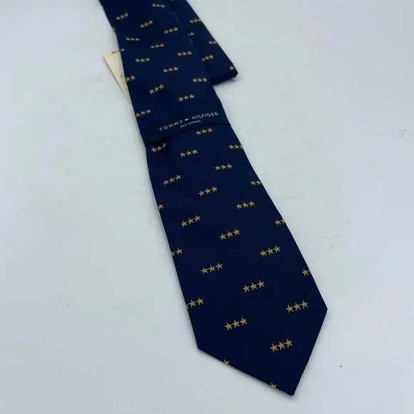 Tommy Hilfiger NWT Navy Blue Silk Men’s Tie Made In USA Gold Stars New Vintage