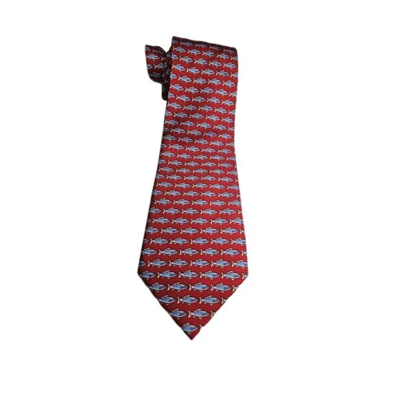 Sero New England Classics Red Fish Print Silk Tie Sardine Novelty Necktie