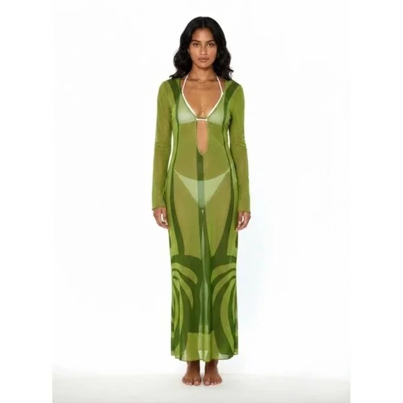 NWT Caroline Constas Sheer Maxi Swim Cover Up Dress Resort Beach Goddess Fairy M