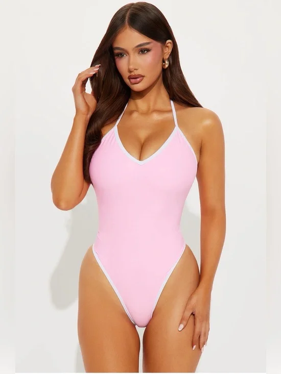 Fashion Nova Honolulu V Neck Halter 1 Piece Swimsuit - Pink