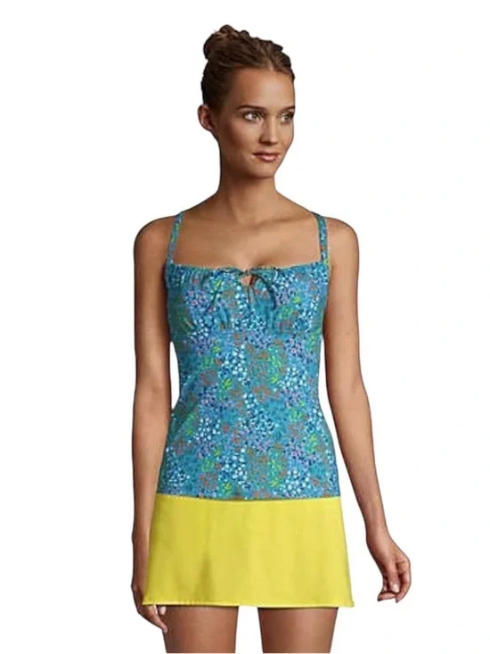 Lands’ End Size 6 Tie Front Underwire Tankini Top Turquoise Mini Floral NWT