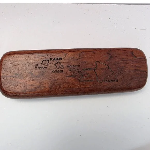 Vintage Hawaiian Koa Wood Pen Case Single Slot Laser Engraved Hawaii Map Box