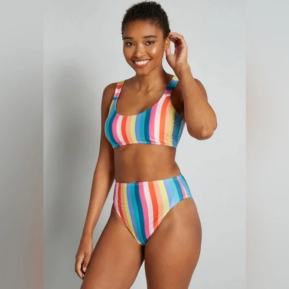 ModCloth the franky hi waited bikini rainbow stripes size large