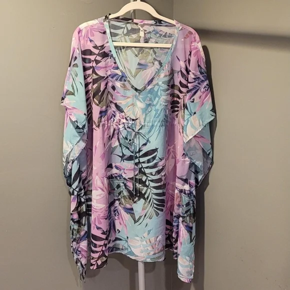 Apana Women's Tropical Leaf Print Sheer Swimsuit Cover Up, Size L, Multicolor