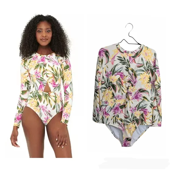 NWT Freshwater Floral One Piece Swimsuit Long Sleeve Bathing Suit Yellow XXL