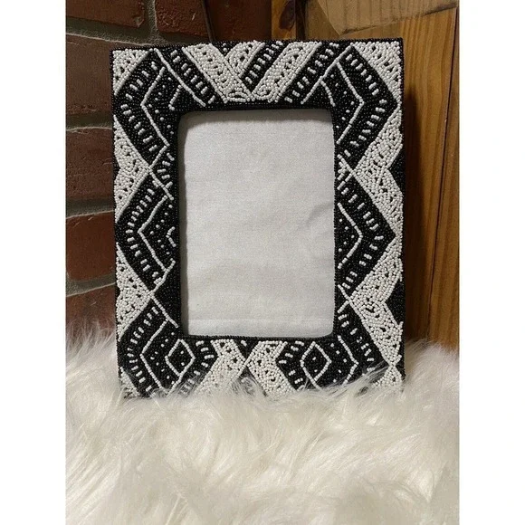 Asian Beaded‎ Frame. Handcrafted Black & White. 8X10