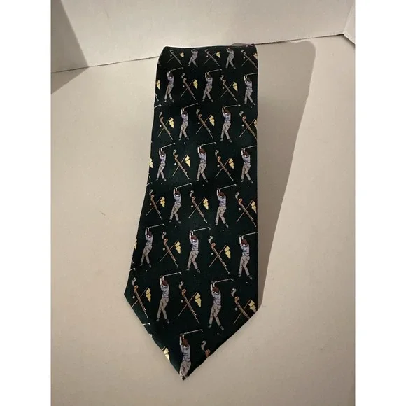 The Glove Shop Roma 100% Silk Tie Golf Theme Made In Italy Green Vintage Necktie