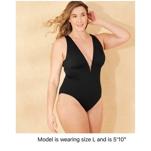 Women's‎ 8-10 Plunge Neck Tummy Control Full Coverage Black One Piece