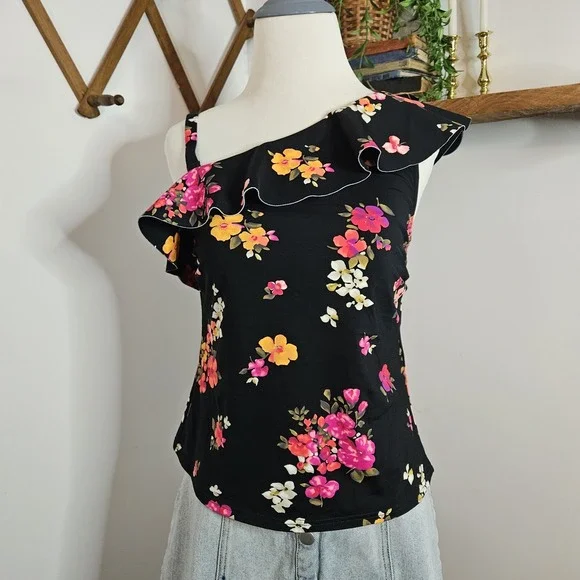 Lands End Womens One‎ Shoulder Ruffle Tankini Top  Size 8 Black Floral