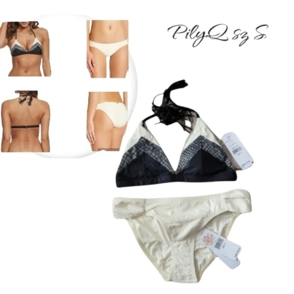 PilyQ Boa Color Block Triangle Bikini Top Fanned Full Bottom Set S NWT