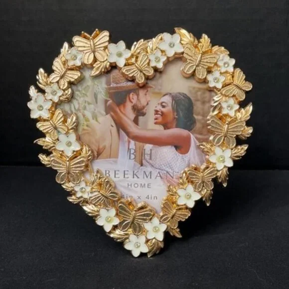 Beekman Home Picture Frame Heart Shaped Gold‎ Butterflies White Flowers
