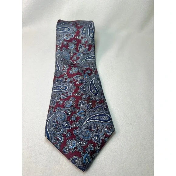 Bert Pulitzer Mens Silk Paisley Tie Burgundy Blue Silver Made in‎ USA Classic
