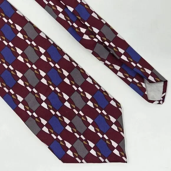 DIMARO ELEGANTE POLYESTER TIE BURGUNDY BLUE GRAY GEOMETRIC 3.75
