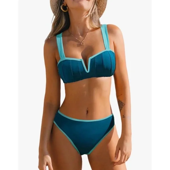 Teal Seashell Pleated V-Wire High Waist Bikini Set XS