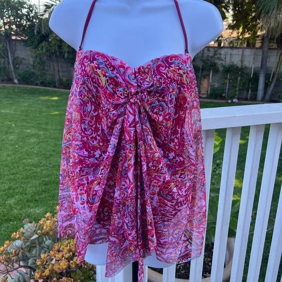 Ralph Lauren Pink and Red One-Piece Swimsuit with Gathered Front