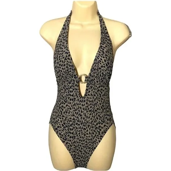 Michael Kors Leopard Print One Piece Swimsuit, Size 4, Black/Tan/Gold NWT