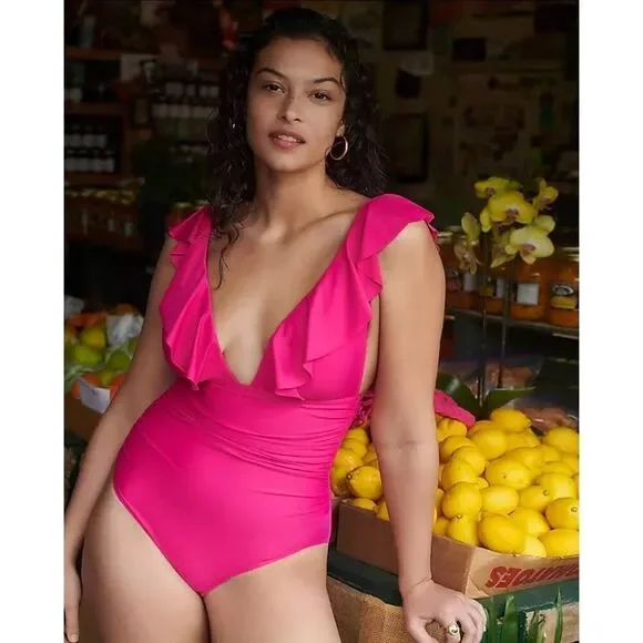 NWT J. Crew Ruched Ruffle One Piece Swim Suit Fuchsia Pink Beach BP222‎ Size 6