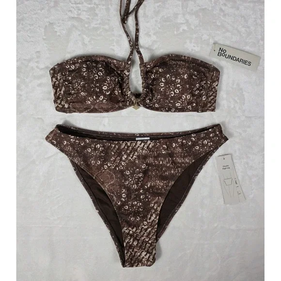 No Boundaries Bikini Set Brown Print Bandeau Cheeky High Leg M 8-10 NWT