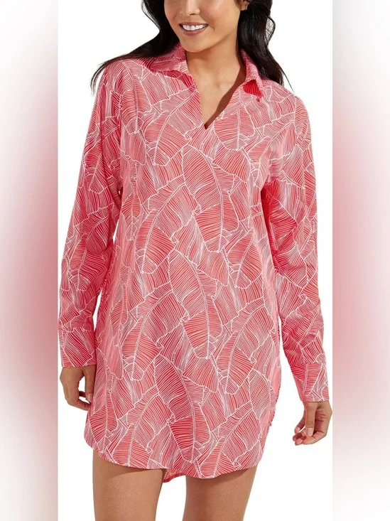 Coolibar UPF 50+ Women's Koesta Coral and White Palm Leaf Cover-Up Women’s Sz M