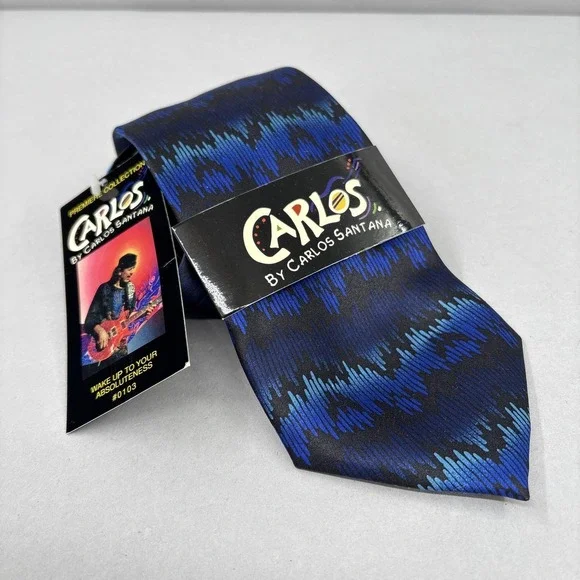 Carlos Santana Tie Mens One Size Blue Black Abstract Silk Necktie‎ 0103 VTG NWT