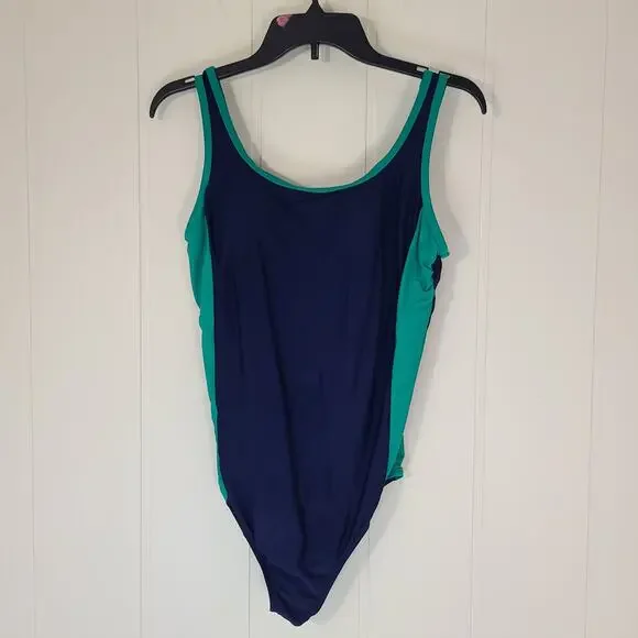 Lands' End Women's Scoop Neck One-Piece Swimsuit in Navy and Emerald Green M