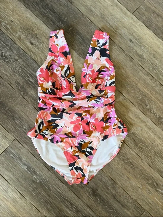 Kona Sol Pink Floral V-Neck One-Piece Swimsuit